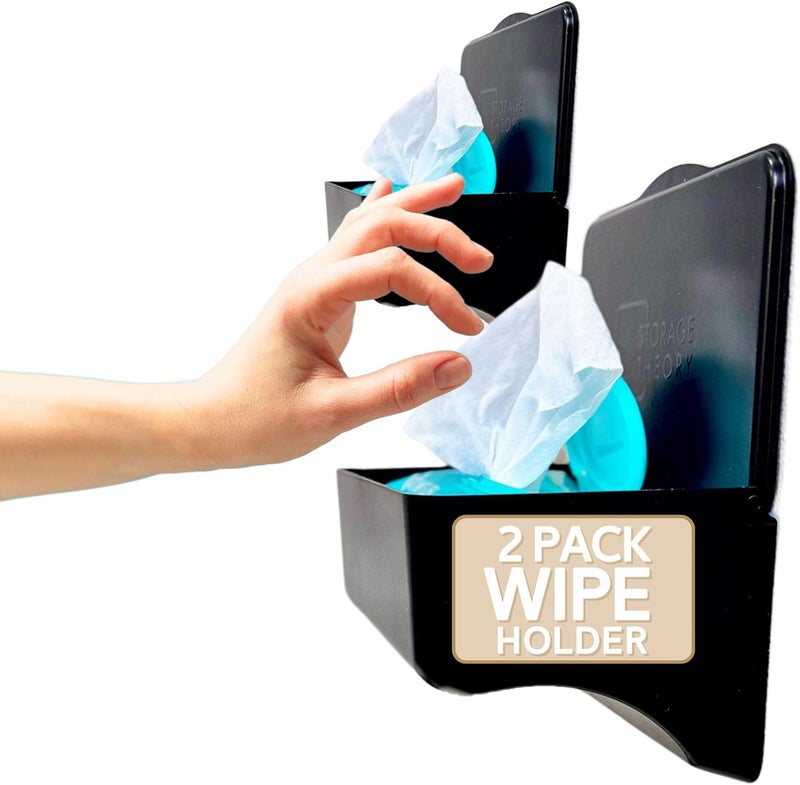 Storage Theory Wipe Holder for Bathroom – Adhesive Wall Mount Organizer – Bathroom Shelf & Baby Wipes Dispenser – Black, 2 Pack - Image 1